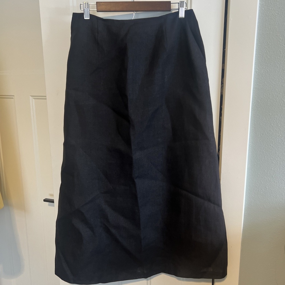 Talbots Irish Linen Midi Skirt Black A-Line‎ Womens Size 12 Pockets Preppy